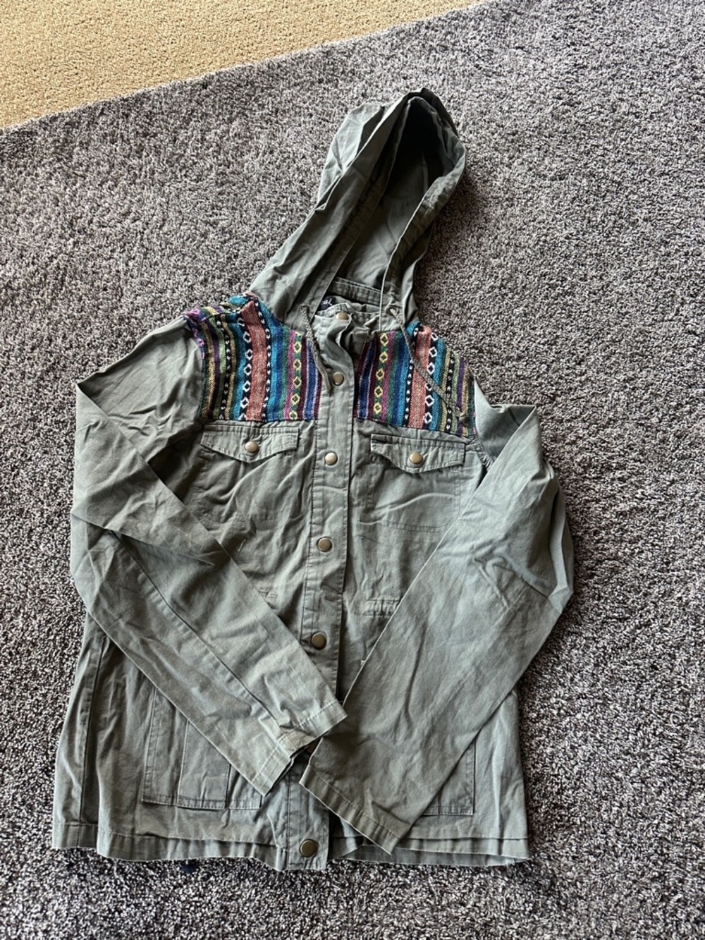 Wet Seal Olive Green Hooded Bomber Jacket with Colorful Aztec Yoke Medium
